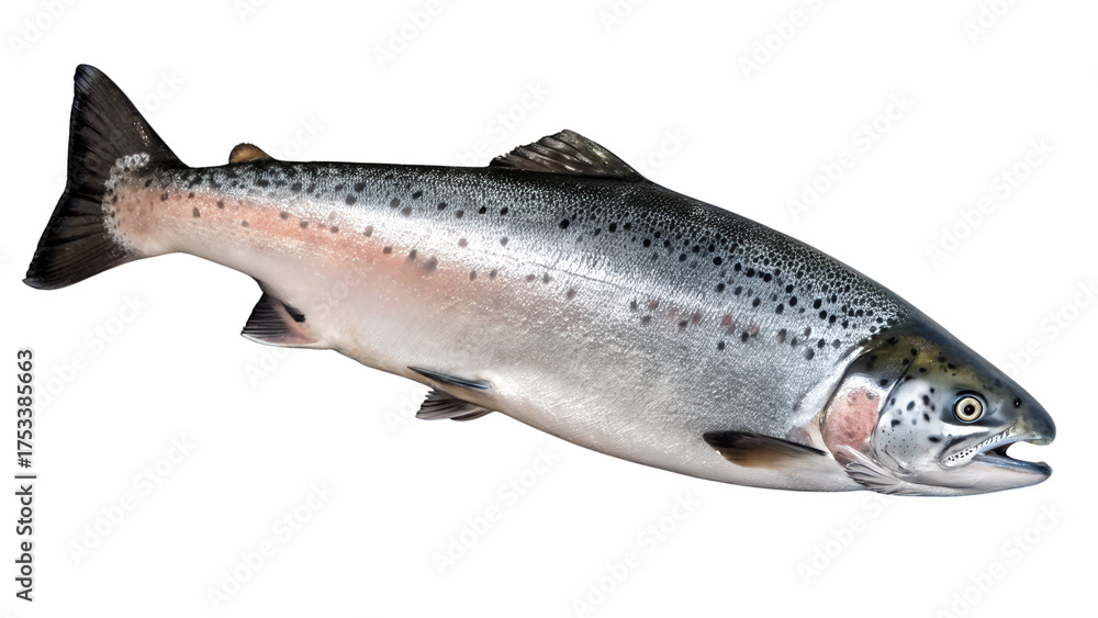 Naklejka premium Whole Fresh Trout or Salmon Fish Isolated on Gray