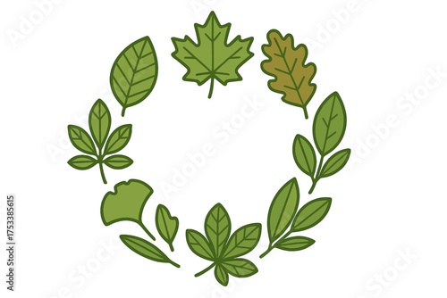 Circular wreath of green foliage composed of diverse tree leaves like maple, oak, and ginkgo