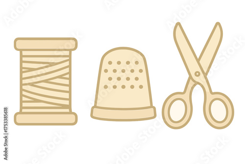 Essential sewing and tailoring tools including thread spool, thimble, and scissors