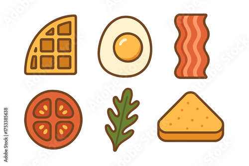 Stylized collection of breakfast ingredients: waffle, fried egg, bacon, tomato, and toast