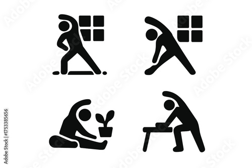 Four minimalist icons showing people performing various stretching and fitness exercises indoors