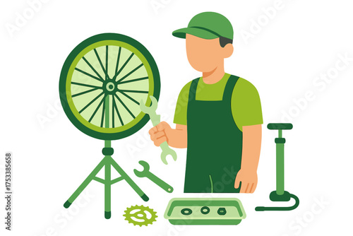 Bicycle mechanic holding a wrench while repairing a bike wheel mounted on a stand