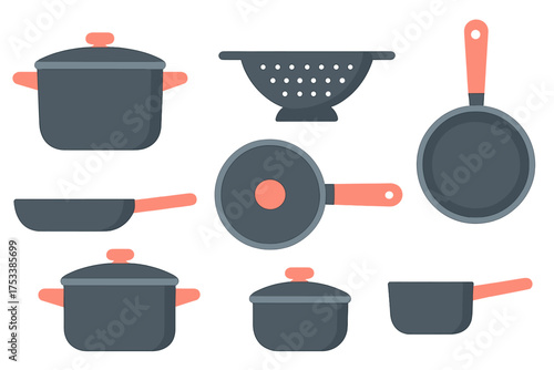 Collection of essential kitchen cookware including pots, frying pans, and colander