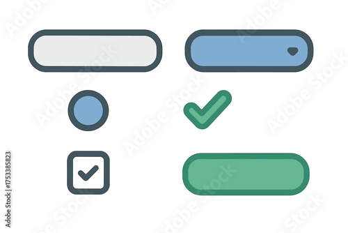 Modern set of user interface elements including buttons, radio buttons, checkboxes, and a checkmark icon