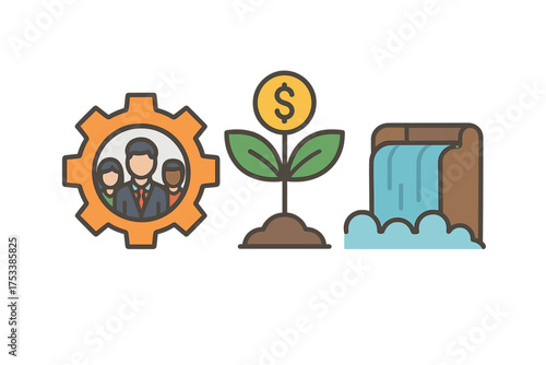 Conceptual icons for business strategy: teamwork, investment growth, and resource flow