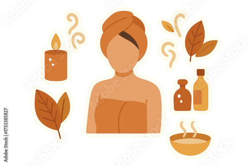 Set of self-care and spa elements featuring a woman wrapped in a towel, candle, essential oil, and botanicals