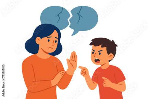 Frustrated mother and angry yelling son during serious family argument