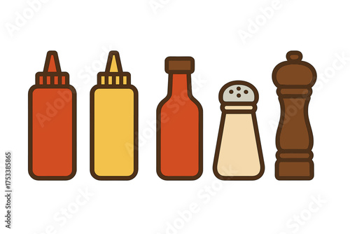 Classic condiment bottles and spice shakers set for dining and fast food