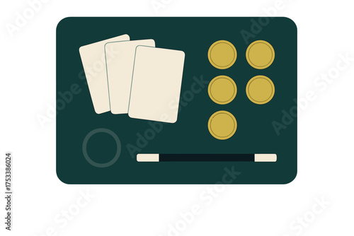 Magic trick props including blank cards, gold coins, and wand