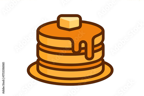Stack of fluffy pancakes with melting butter and syrup icon