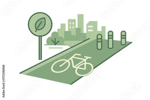 Urban bicycle path with environmental signage and city skyline background
