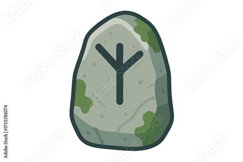 Ancient runestone featuring Fehu symbol carved on mossy surface