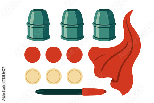 Magic trick props including cups, coins, and flowing red cape