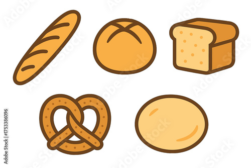 Assortment of baked bread and pastry icons including baguette and pretzel