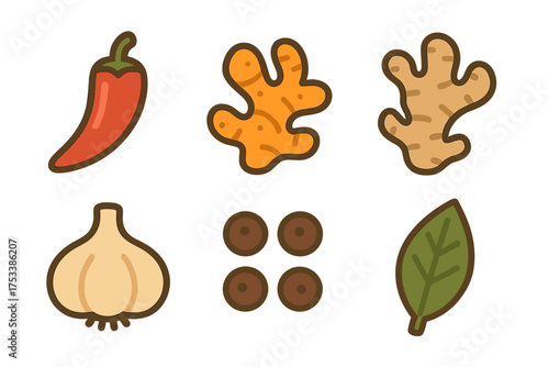 Set of cooking spices icons including chili pepper garlic ginger and bay leaf