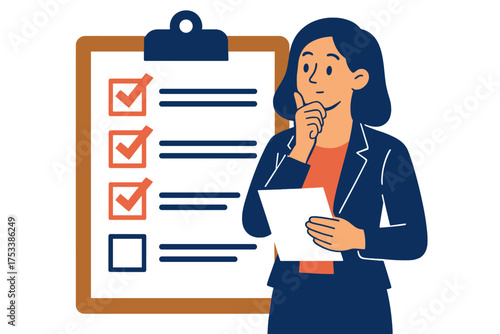Thoughtful businesswoman reviews completed checklist on clipboard