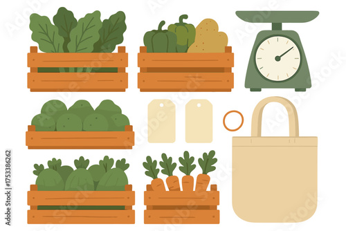 Fresh assortment of vegetables and produce displayed in wooden crates