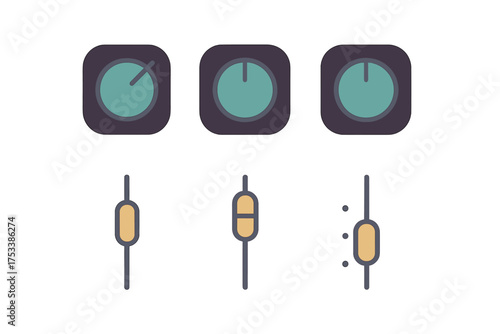 Set of audio mixing console controls featuring rotary knobs and vertical sliders