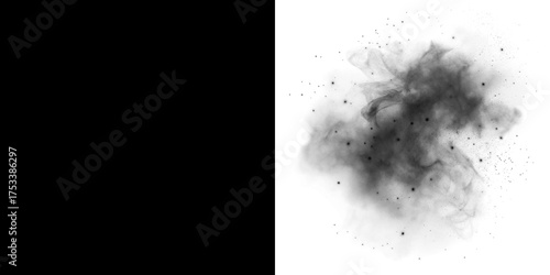 Abstract black smoke overlay with soft textures and scattered particles, creating a dramatic visual effect for artistic design and creative projects with copy space