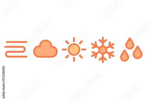 Five simple orange weather condition icons: wind, cloud, sun, snow, and rain