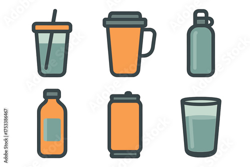 Six common beverage containers icons: cup, mug, bottle, and can