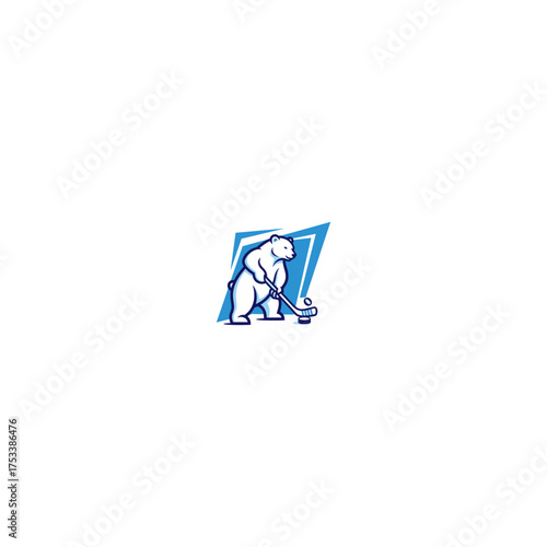 Polar bear playing ice hockey in stylized blue angled rectangle