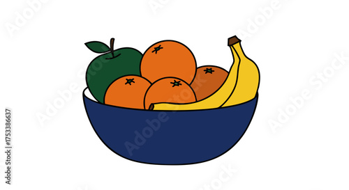 Bowl of fresh fruit with oranges banana and green apple on a black background
