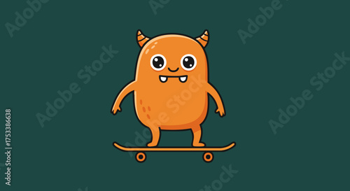 Cheerful orange monster rides a skateboard with a happy expression on dark background