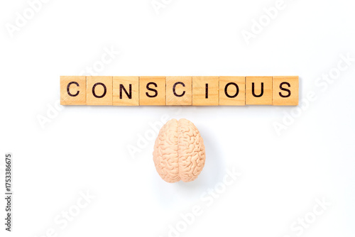 Conscious Mind Concept with Brain and Wooden Letter Tiles