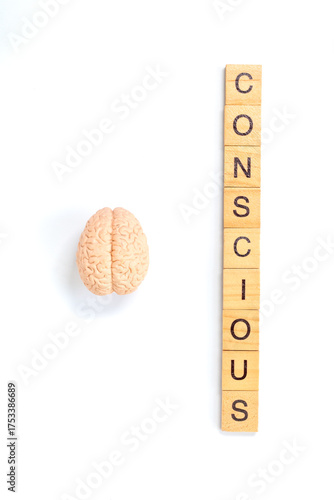 Conscious Mind Concept with Brain and Wooden Letter Tiles