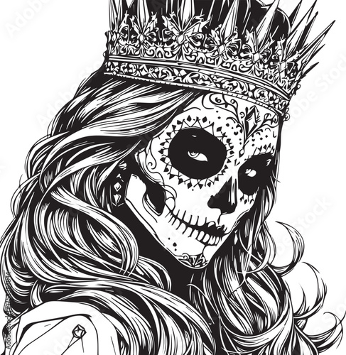 Black and white vector illustration of crowned woman with sugar skull face paint and floral symmetrical patterns