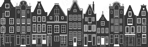 Black and white Amsterdam canal houses illustration, traditional European architecture skyline, vintage city building design, urban facade vector art