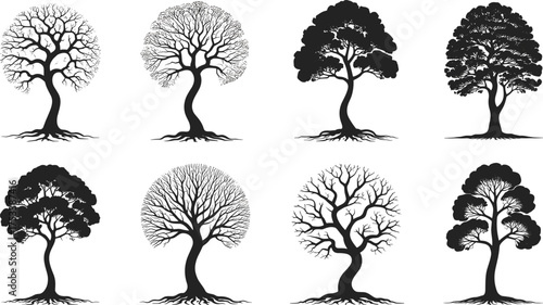 Black and white tree silhouette set, detailed winter forest design, natural branch pattern illustration, leafless trees vector, nature graphic collection