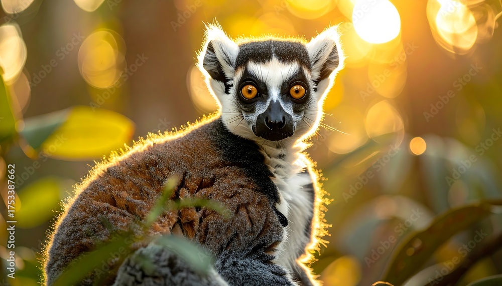 Naklejka premium A ring-tailed lemur gazes forward, its fur backlit by golden sunlight filtering through a bokeh-filled forest. It?s positioned amidst vibrant green leaves