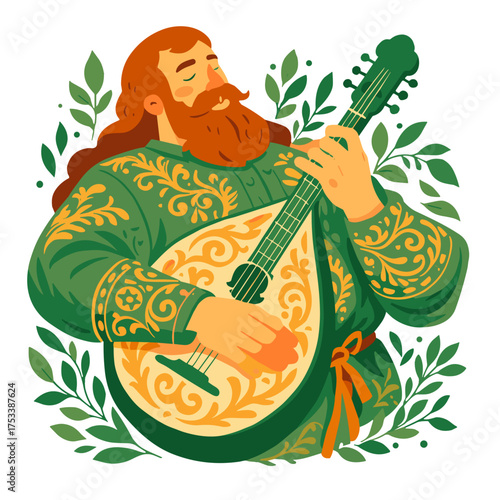 Illustration of a bearded man playing a lute in folk style with floral ornament in green and gold colors, traditional music concept