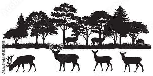 Set of deer in forest silhouettes vector
