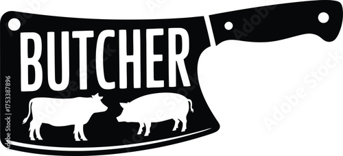 Vector Butcher Shop Logo: Graphic of a Cleaver with a Cow and Pig Silhouette and Text.