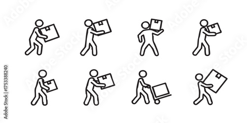 Set of person carrying heavy box outline icons vector
