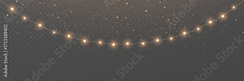 Christmas gold light background. Fairy bulb, banner. New Year luxury string garland. Winter party frame. Led neon line baubles. Festive border. Glow lamp bg. Glitter bright lamp. Vector illustration
