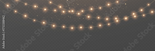 Christmas gold light background. Fairy bulb, banner. New Year luxury string garland. Winter party frame. Led neon line baubles. Festive border. Glow lamp bg. Glitter bright lamp. Vector illustration