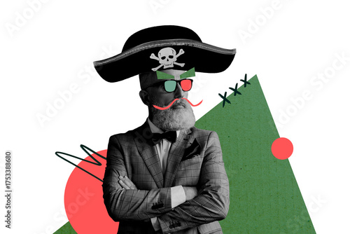 Composite trend artwork 3D sketch photo collage of caricature aged man happy hallowing costume pirate headwear eyeglasses beard mustache