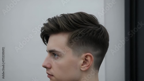 Young man with stylish haircut posing against a neutral background, showcasing modern grooming trends