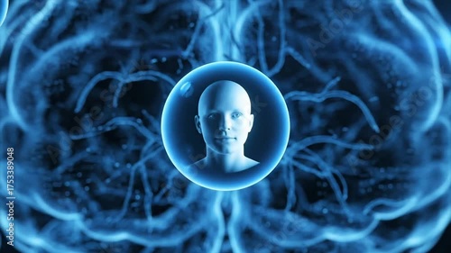 A hyperreal 3D animation of glowing orbs drifting through a translucent digital brain, each orb flickering with holographic faces and fragmented memories.