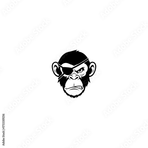 Grumpy monkey head, black silhouette, wearing an eyepatch