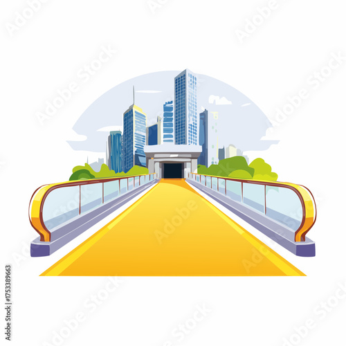 Asphalt highway road and pedestrian bridge with modern city buildings scenery
1