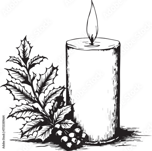 Lit candle with holly leaves and berries, black and white vector illustration for holiday decorations