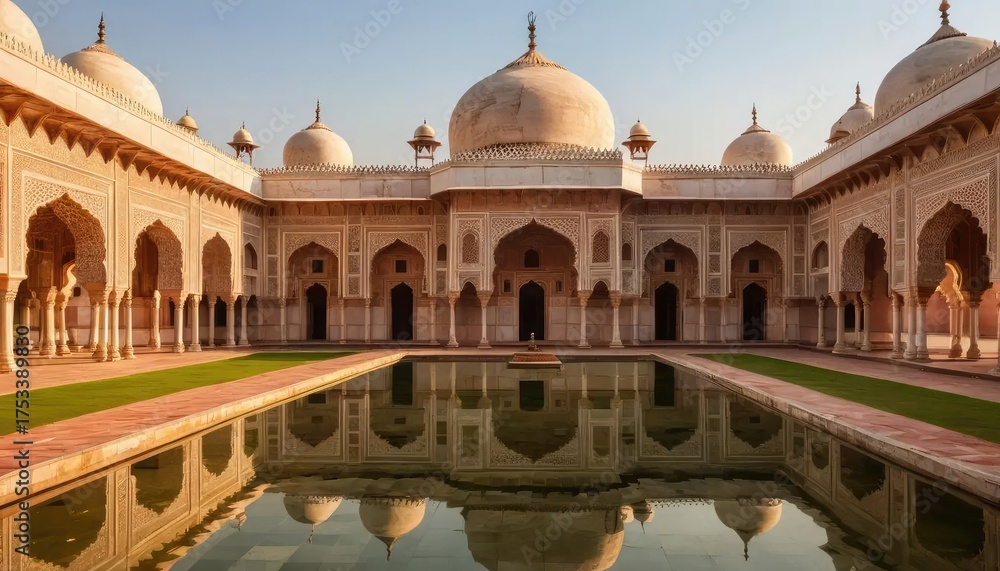 Fototapeta premium A symmetrical view of a historic white building with domes, reflecting in a pool of water.