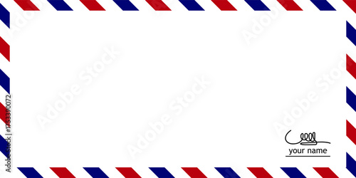 Airmail Envelope frame images with strips. International vintage letter border. Retro air mail postcard with blue and red stripes.  Empty classic postal frame. Vector illustration