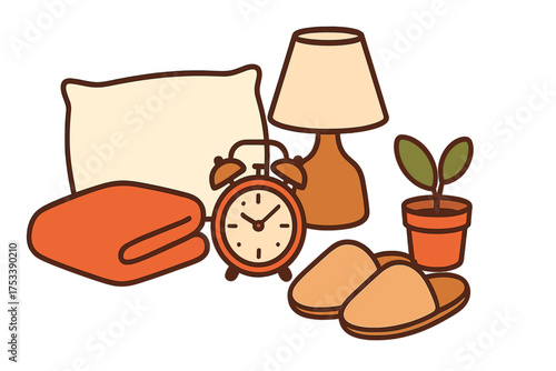 Collection of cozy morning essentials including alarm clock, pillow, blanket, lamp, and slippers