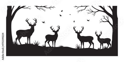 Set of deer in forest silhouettes vector
